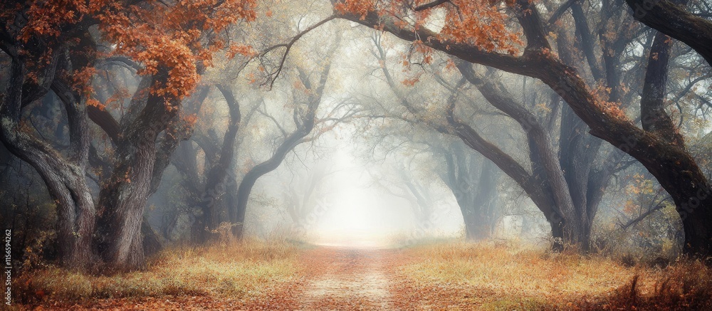 Poster mysterious fog-blanketed forest pathway inviting exploration with ample space for text or graphics