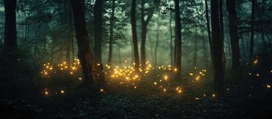 Naklejka premium Mystical forest scene with ethereal glowing lights at night creating a serene atmosphere and ample space for text overlay