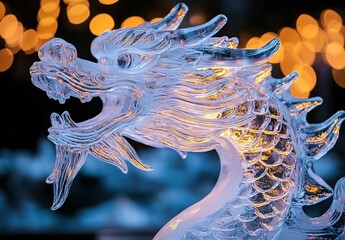  Close-up of an ice sculpture Chinese dragon, translucent crystal texture, golden light in the background