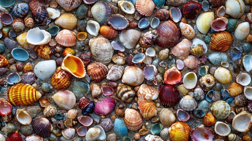 Poster colorful seashells scattered on a sandy beach showcasing marine treasures with ample space for addin