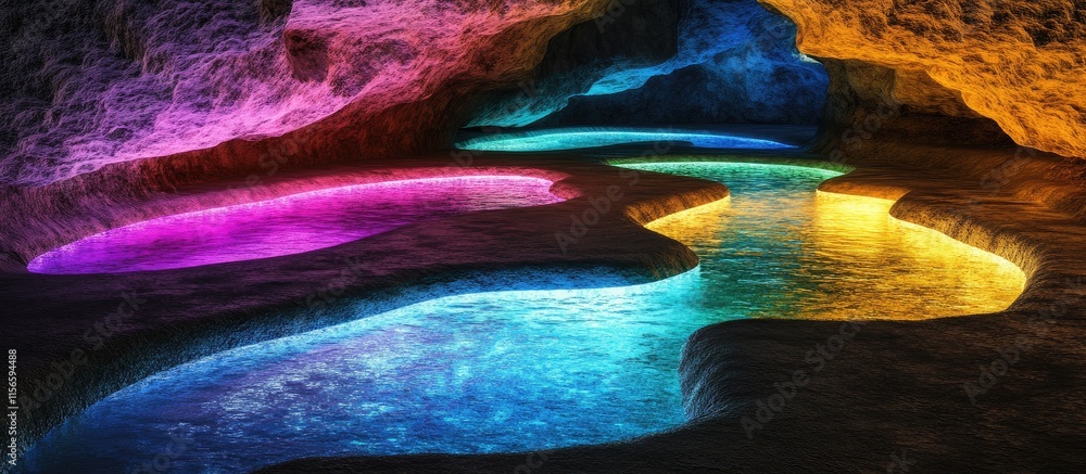 Poster vibrant cavern featuring illuminated pools and tranquil waters with space for text overlay
