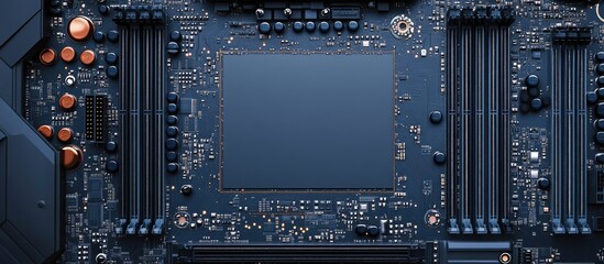Detailed close up of a computer motherboard displaying intricate circuitry and a clear blank space for customizable text or graphics