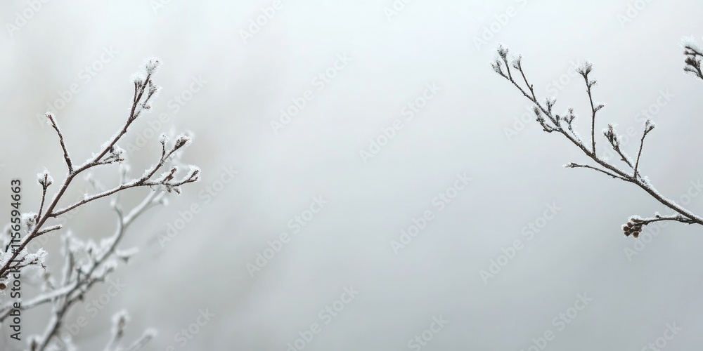 Poster serene winter scene with delicate bare branches and soft fog creating a tranquil empty space for tex