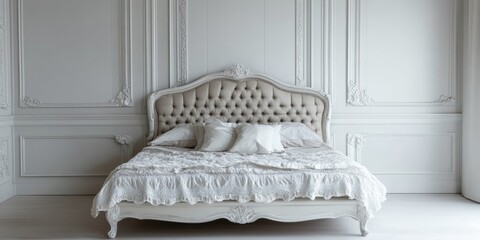 Stylish bedroom featuring a plush bed adorned with luxurious linens and elegant decorative details perfect for text overlay or design projects