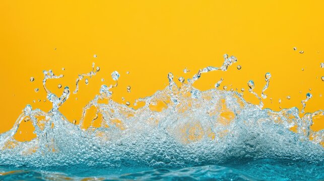 Vibrant ocean wave crashing with water droplets against bright yellow backdrop ideal for text overlay or branding concepts