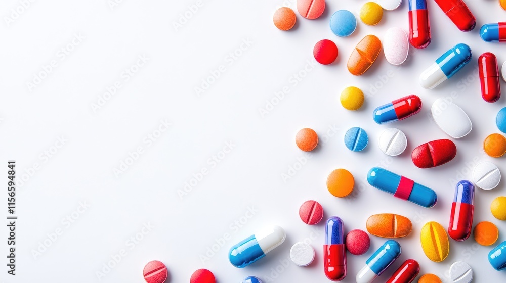 Poster colorful assortment of assorted pills and capsules on a white background with ample empty space for 