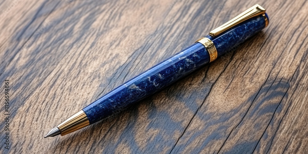 Poster elegant blue ballpoint pen on a wooden desk with notepad and ample space for notes or text creation 