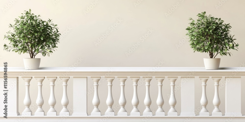 Poster elegant balcony with white railing featuring two potted plants and ample empty space for customizabl