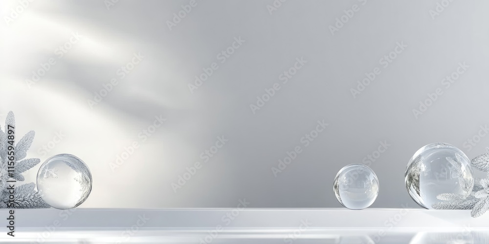 Poster minimalist backdrop featuring transparent snow globes with ample copy space for text and a soft, ser