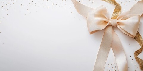 Elegant gold ribbon and bow on a white background creating a festive banner with ample space for personalized text or messages