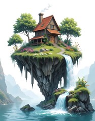House on a Floating Island with Waterfall
