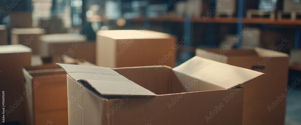 Poster a close-up of an open cardboard box in a warehouse filled with stacked boxes.