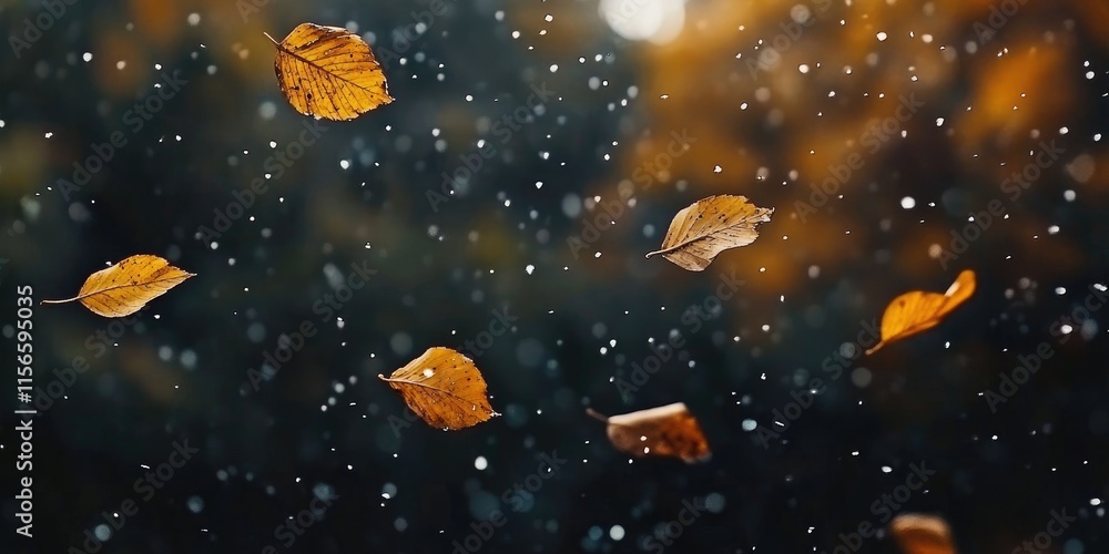 Poster autumn leaves gracefully falling in a serene rain bokeh backdrop with ample empty space for text int