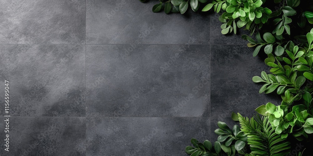 Poster elegant dark grey tile background adorned with lush foliage and ample empty space for text or brandi