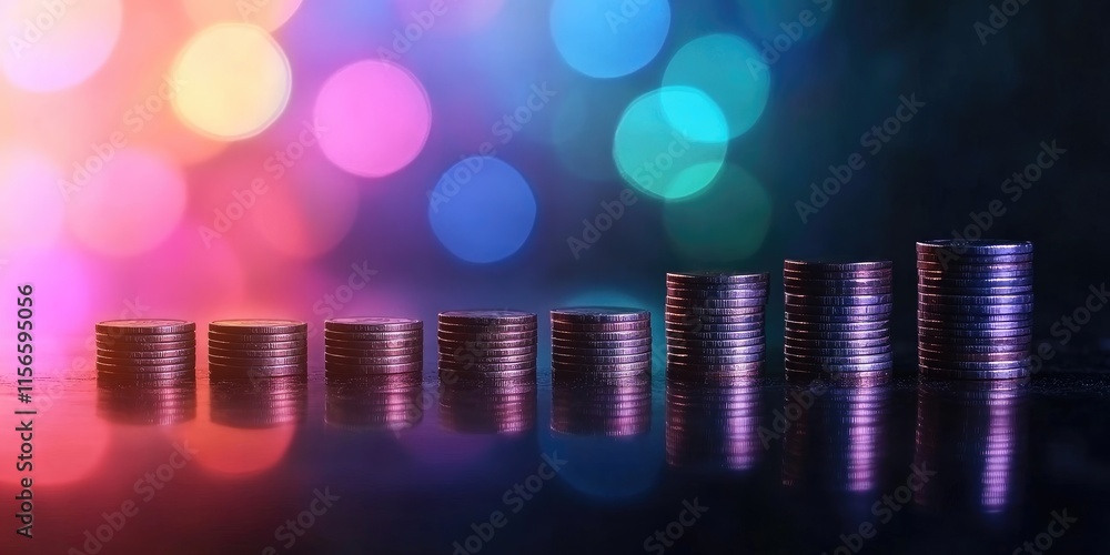 Poster stacked coins in ascending order on a colorful bokeh background representing financial growth with a