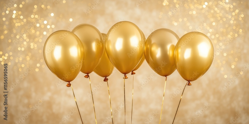 Poster elegant display of seven shiny golden balloons against a soft shimmering background perfect for cele