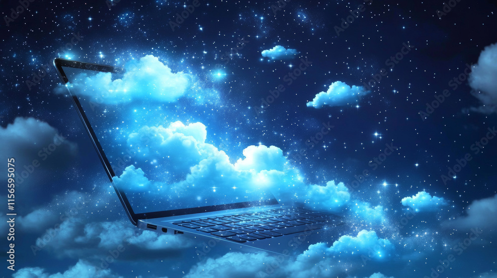 Poster dialogue clouds on laptop screen. low-poly vector wireframe illustration in starry sky and cosmos st