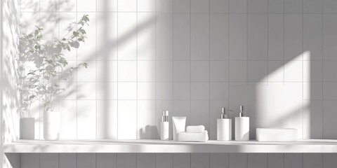 Modern bathroom showcase with minimalist skincare products and natural light creating a serene ambiance perfect for wellness and self-care themes