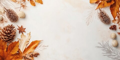 Autumn themed tablescape adorned with seasonal leaves and pinecones featuring ample blank space for personalized text or messages
