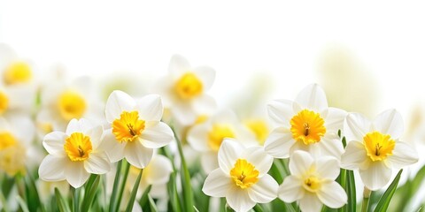 Fresh spring flower arrangement with white and yellow daffodils and soft green background for your text or design needs