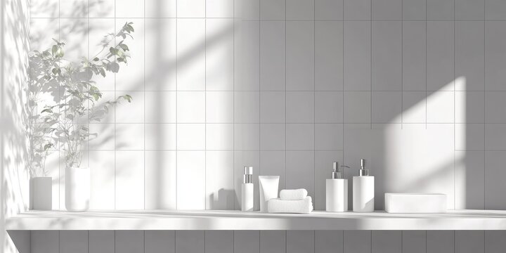 Modern bathroom showcase with minimalist skincare products and natural light creating a serene ambiance perfect for wellness and self-care themes
