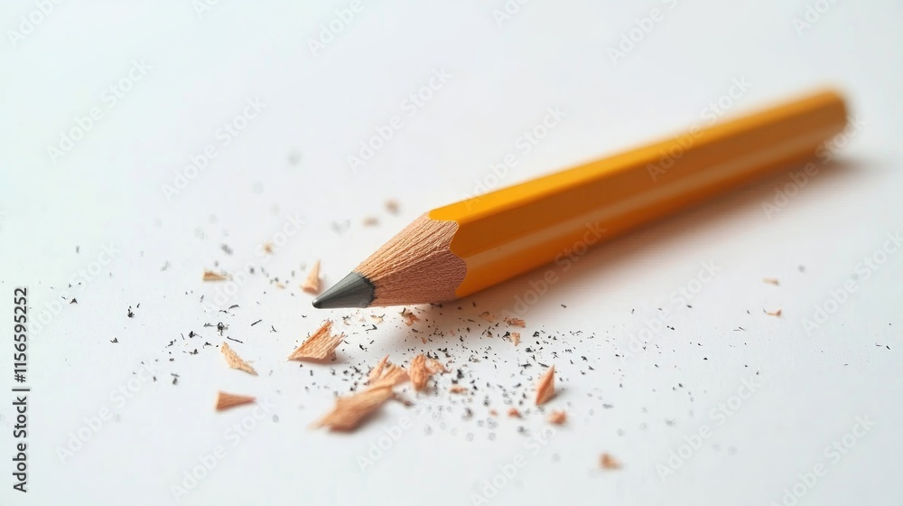 Poster scattered colorful pencils with shavings on white paper creating negative space for text and design 