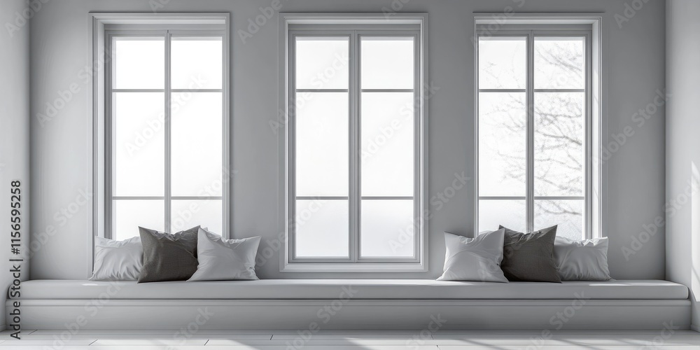 Aufkleber modern minimalist bedroom with large windows and cozy cushions featuring empty space for custom text