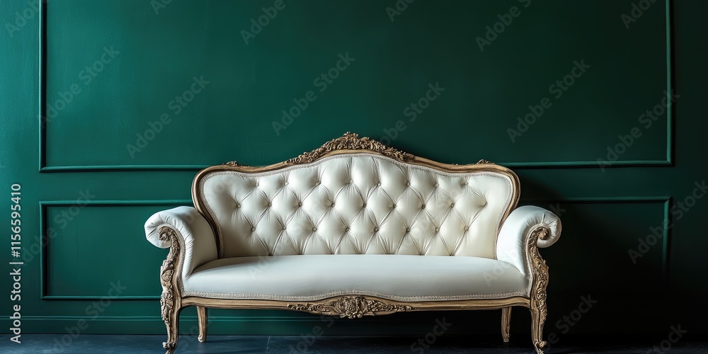 Poster elegant baroque style sofa against dark green wall with empty copy space for text in a luxurious int