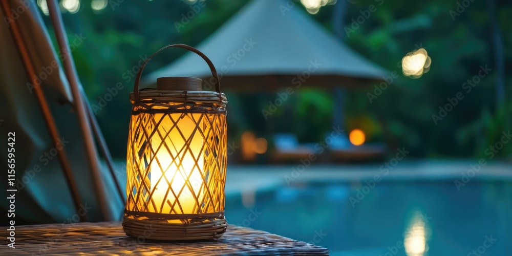 Poster bamboo lantern beside poolside glamping tent illuminated with warm light and empty space for text in