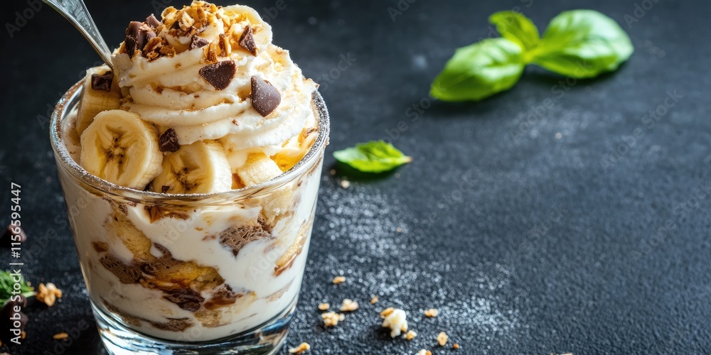 Poster banana sundae with soft serve topped with granola and chocolate chips against dark background with c