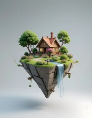 House on a Floating Island with Waterfall