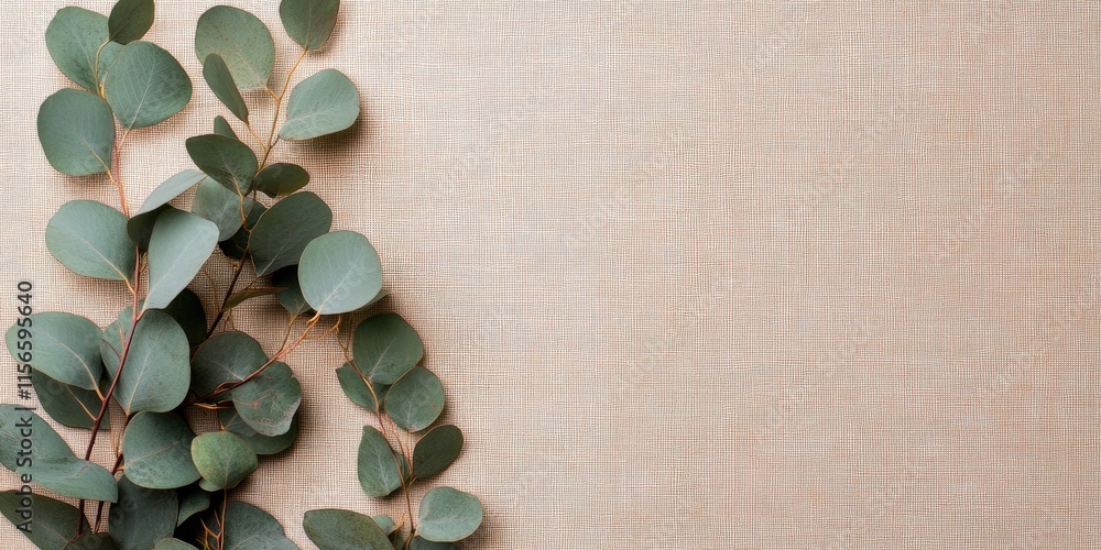 Poster eucalyptus branch on soft canvas background with generous copy space for text in warm tones