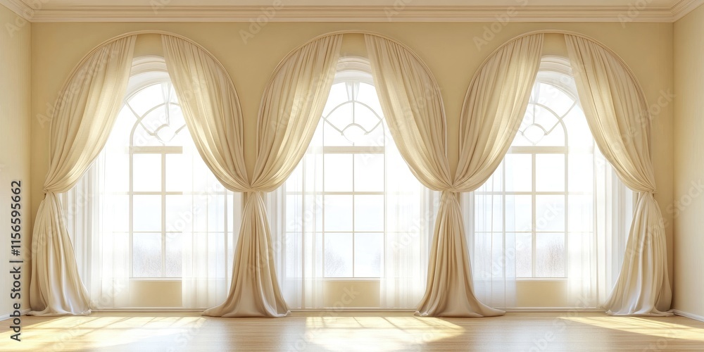 Aufkleber elegant arched windows with soft draped curtains in bright room interior with empty text space for c