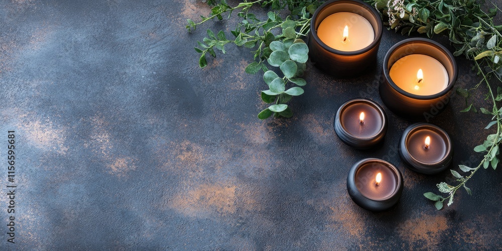 Poster aromatic candles on rustic table with greenery creating a warm inviting atmosphere and space for tex