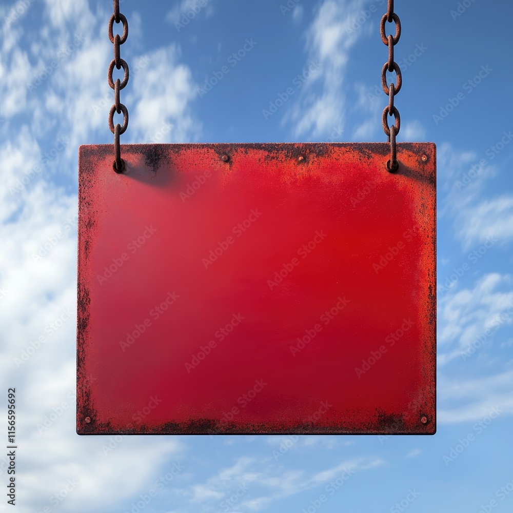 Poster rustic red sign hanging against a blue sky ideal for custom text or promotional messaging in a risk 