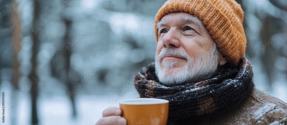 Poster elderly man enjoying hot tea in a winter forest with a reflective expression and empty space for ins