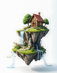 House on a Floating Island with Waterfall