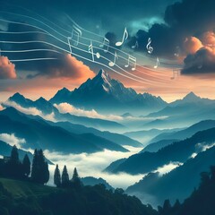 Mountain Echoes Soft music notes rising from the peaks of mounta