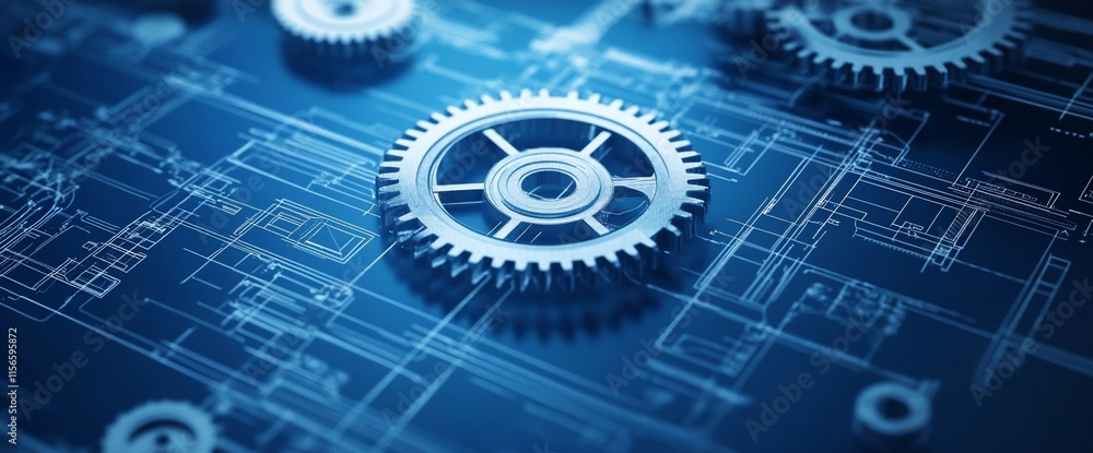 Poster a close-up of gears on a blueprint background, symbolizing engineering and design.