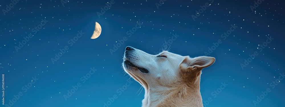 Aufkleber dog howling at crescent moon in starry night sky with ample blank space for text or message in seren