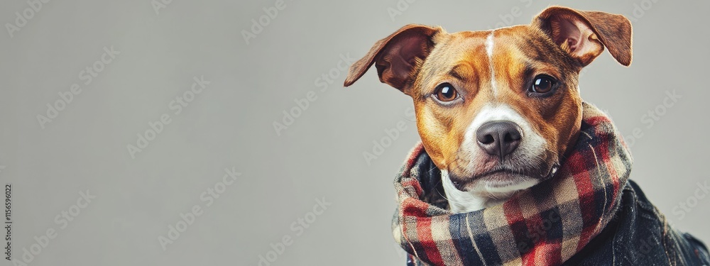 Poster stylish dog wearing scarf posing for camera with soft background and room for text or message