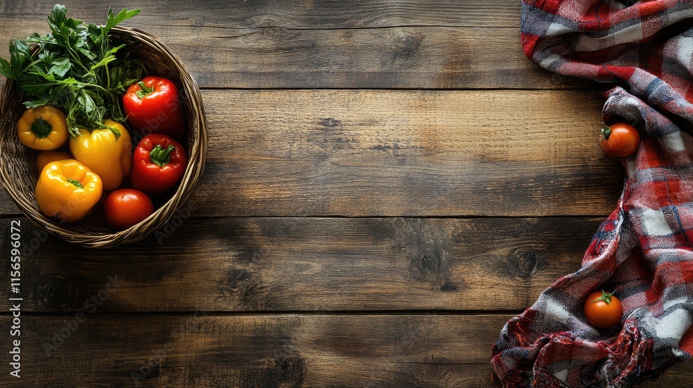 Poster fresh vegetables in a woven basket on a rustic wooden table with a checkered cloth and ample empty s