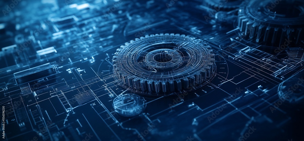 Poster a close-up of intricate gears and circuits, symbolizing technology and innovation.