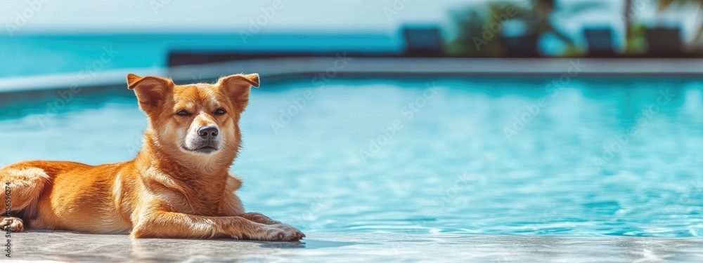 Poster dog relaxing by a hotel pool with ocean view and empty space for text in a serene beach setting