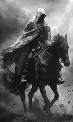 Fototapeta premium Hooded Warrior on Horseback Riding into Battle