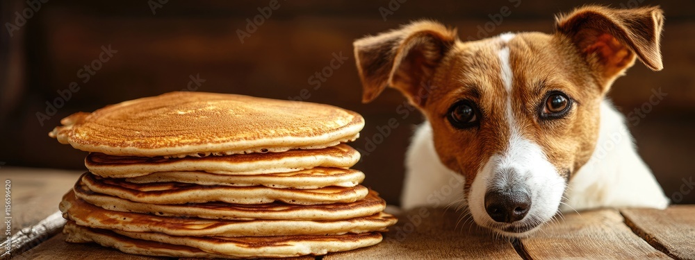 Poster dog curiously gazing at a tall stack of pancakes on a rustic wooden table with warm lighting and amp