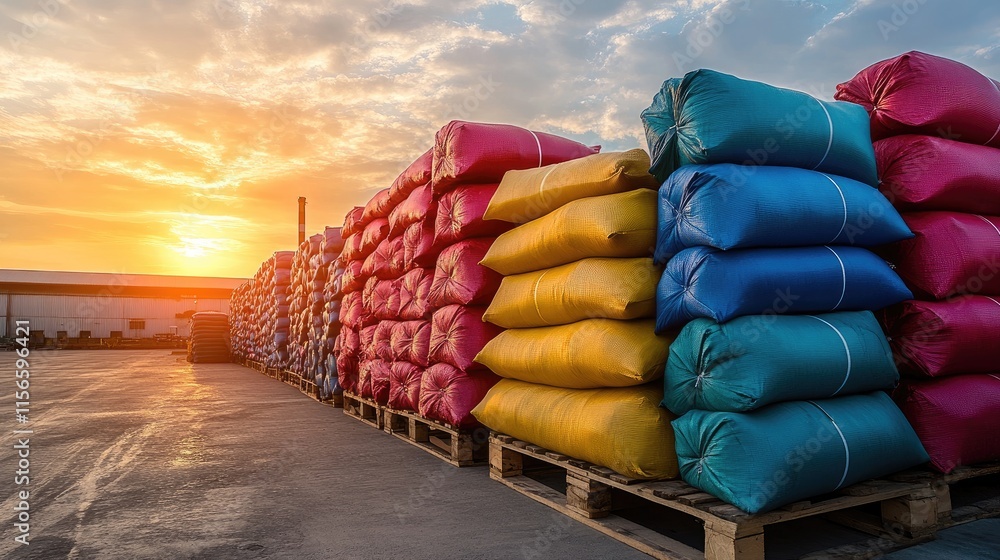 Poster colorful sacks stacked on pallets at a factory with a vibrant sunset and empty space for text in the