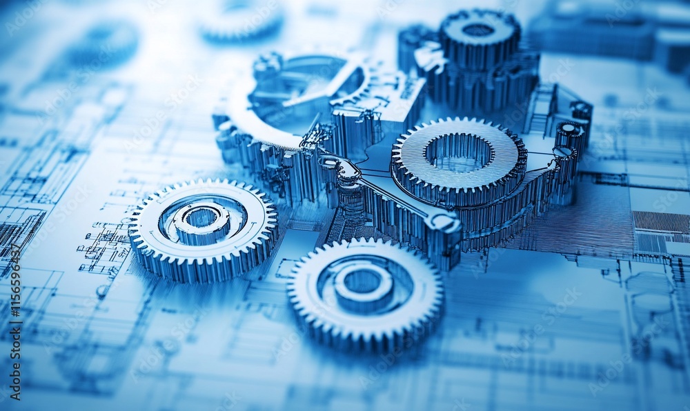 Poster a close-up of metallic gears on a technical blueprint background.