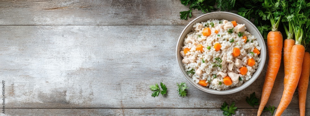Aufkleber dog food recipe featuring rice carrots and chicken with generous empty space for text on rustic wood