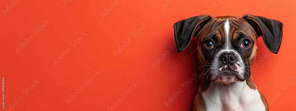 Poster dog day greeting card design with boxer dog on vibrant orange background and empty space for custom 